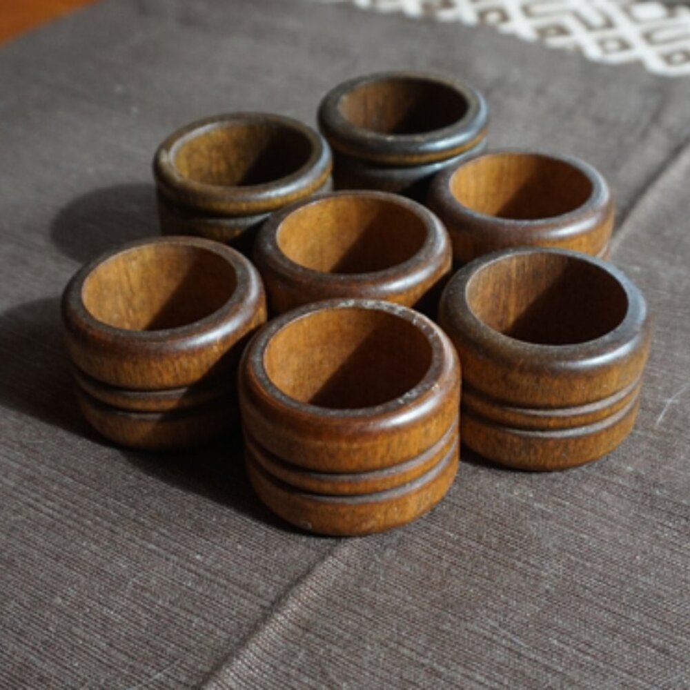 Vintage Wood Napkin Rings Set of Seven Barrel Shaped